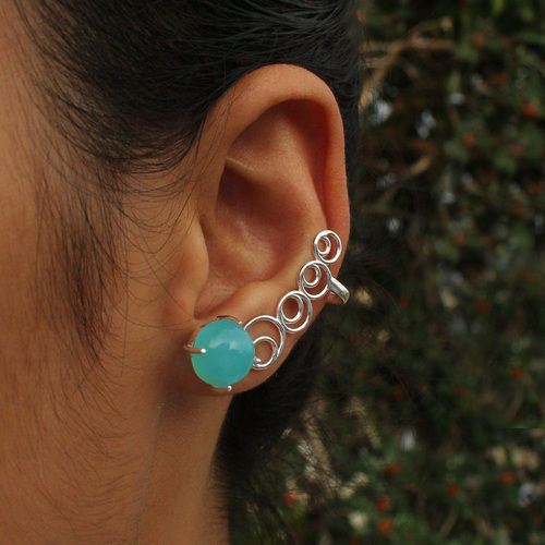 925 Sterling Silver Blue Chalcedony Ear Cuff Earring