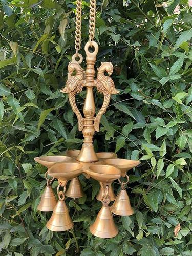 Aakrati Brass Hanging Peacock Oil Lamp with  Hanging Bells