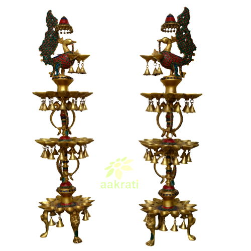 Diya stand three floor in brass with decorative work set of 2 BY Aakrati