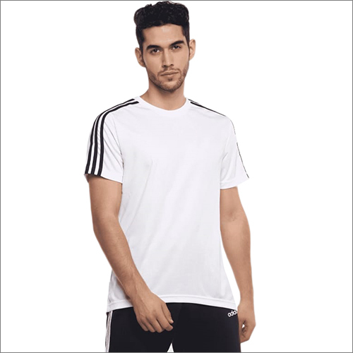 Mens White Sports T Shirt With Shoulder Stripes