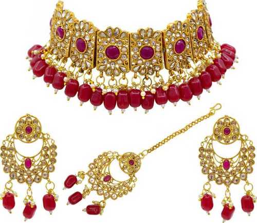 Indian Traditional Kundan Design Beads Choker Patti Red Colour Necklace Set For Women
