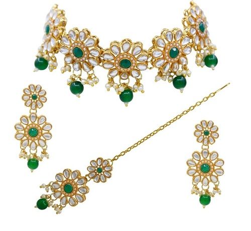 Traditional Gold Plated Green Necklace Set for Women