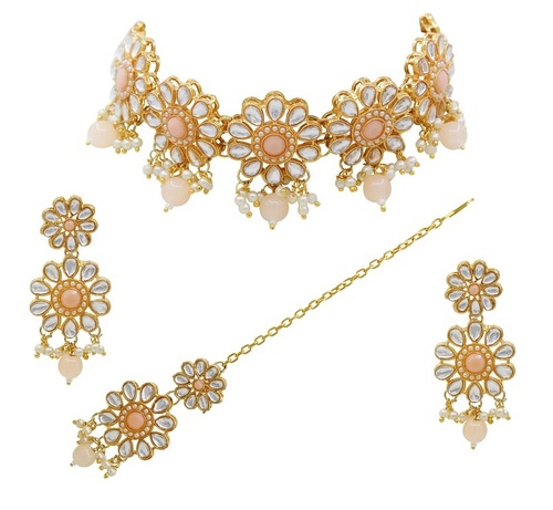 Traditional Gold Plated Peach Necklace Set for Women