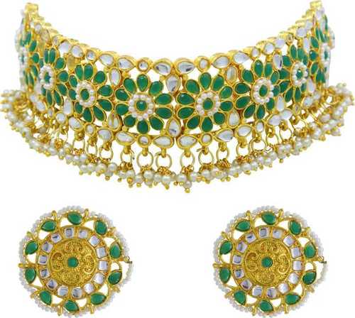 Bridal Kundan Pearl Green Gold Plated Choker Necklace Set Gender: Women