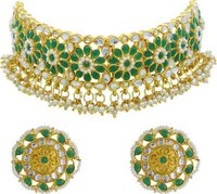 Bridal Kundan Pearl Green Gold Plated Choker Necklace Set