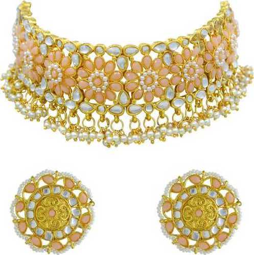 Bridal Kundan Pearl Peach Gold Plated Choker Necklace Set