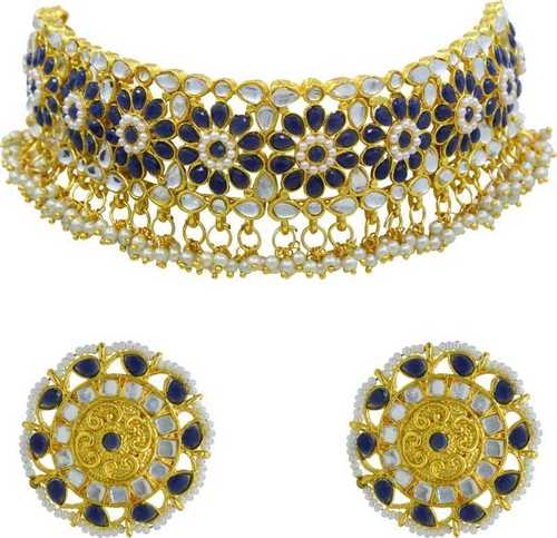 Bridal Kundan Pearl Royal Blue Gold Plated Choker Necklace Set