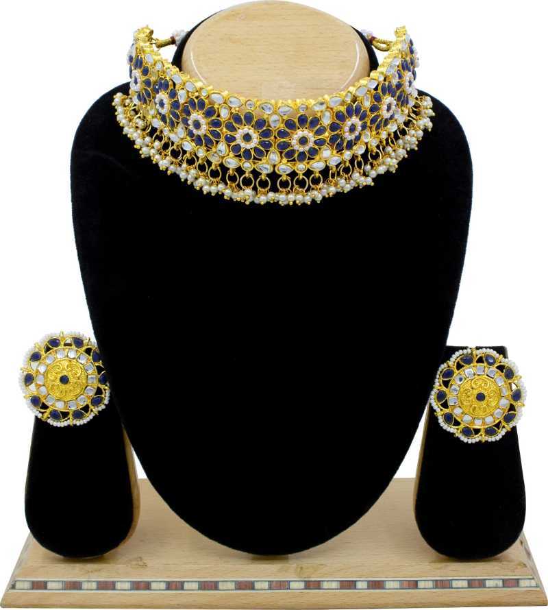 Bridal Kundan Pearl Royal Blue Gold Plated Choker Necklace Set