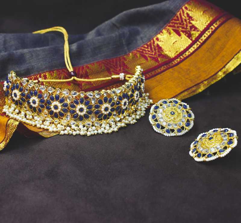 Bridal Kundan Pearl Royal Blue Gold Plated Choker Necklace Set
