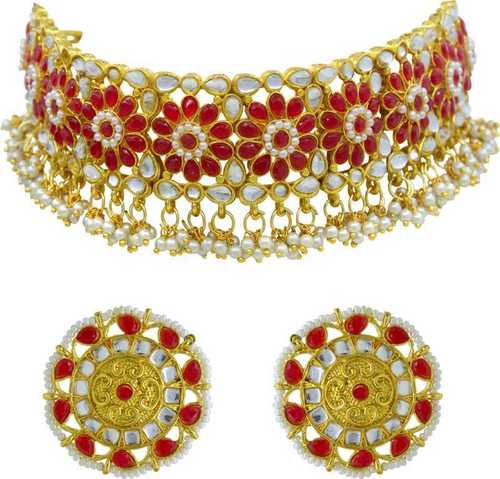 Bridal Kundan Pearl Red Gold Plated Choker Necklace Set