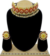 Bridal Kundan Pearl Red Gold Plated Choker Necklace Set
