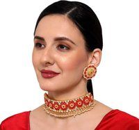 Bridal Kundan Pearl Red Gold Plated Choker Necklace Set