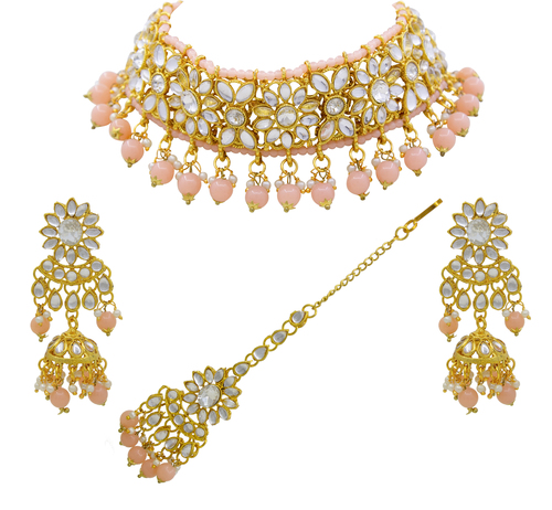 Traditional Indian Bridal Peach Kundan Choker Gold Plated Necklace Set Gender: Women