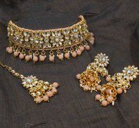 Traditional Indian Bridal Peach Kundan Choker Gold Plated Necklace Set