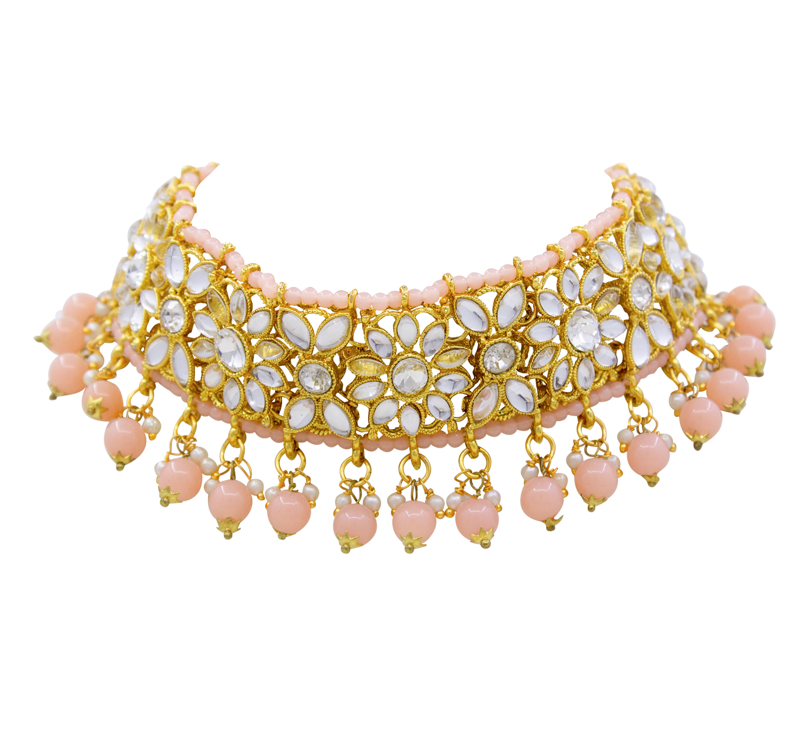 Traditional Indian Bridal Peach Kundan Choker Gold Plated Necklace Set