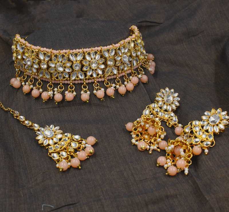 Traditional Indian Bridal Peach Kundan Choker Gold Plated Necklace Set