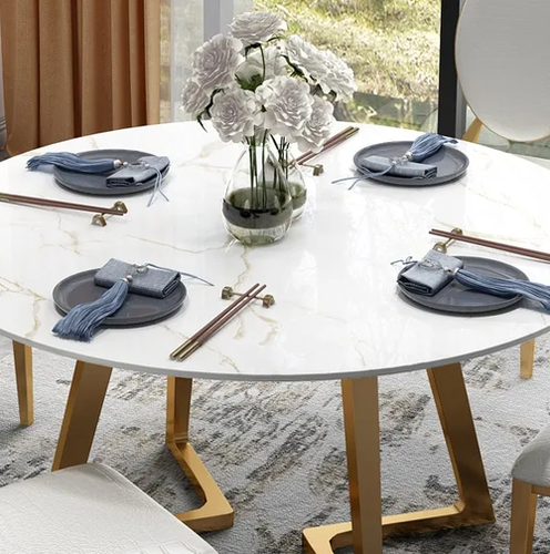 Round Dining Table Modern White Natural Stone Top Stainless Steel Gold Legs By GLASSKRAFT FURNITURE PRIVATE LIMITED