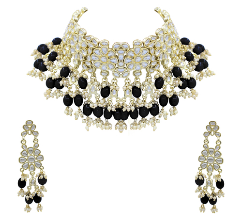 Black Wedding Collection Kundan Pearl Choker Necklace Set