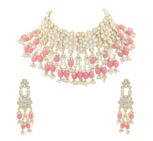 Light Pink New Collection Kundan Pearl Choker Necklace Set