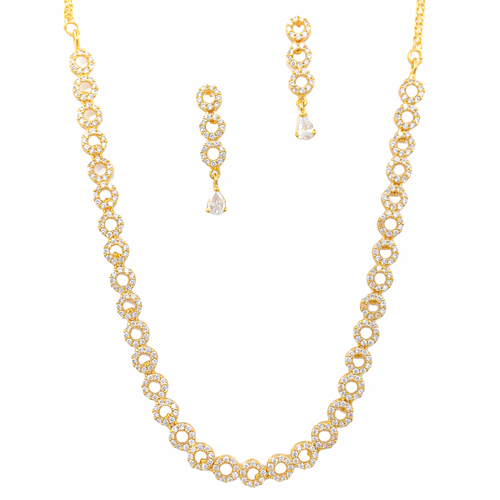 Gold Party Wear Collection American Diamond Brass Necklace Set