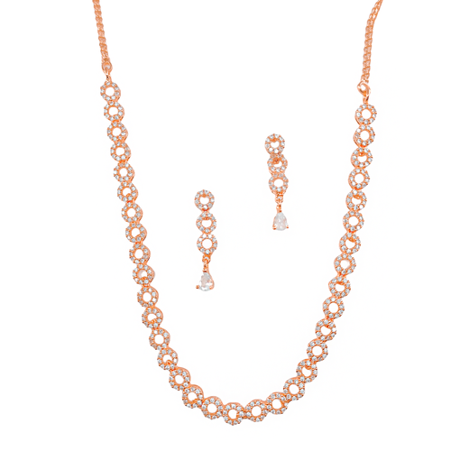 Rose Gold New Party Wear Collection American Diamond Brass Necklace Set