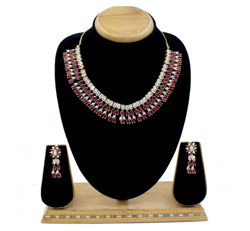 American Diamond And Ruby Gold Plated Necklace Set