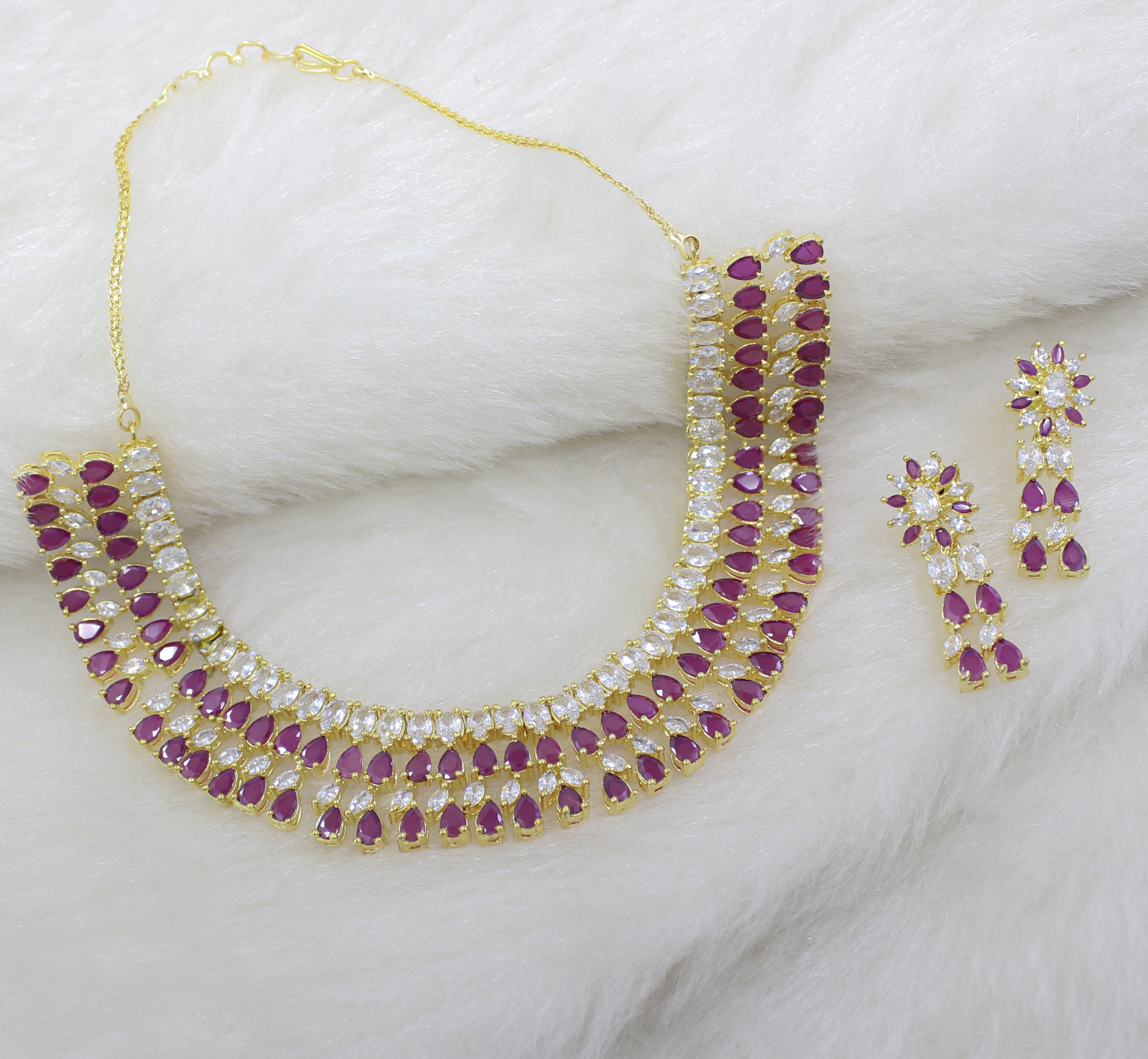 American Diamond and Ruby Gold Plated Necklace Set
