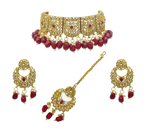 Indian Traditional Kundan Design Red Beads Choker Patti Necklace Set
