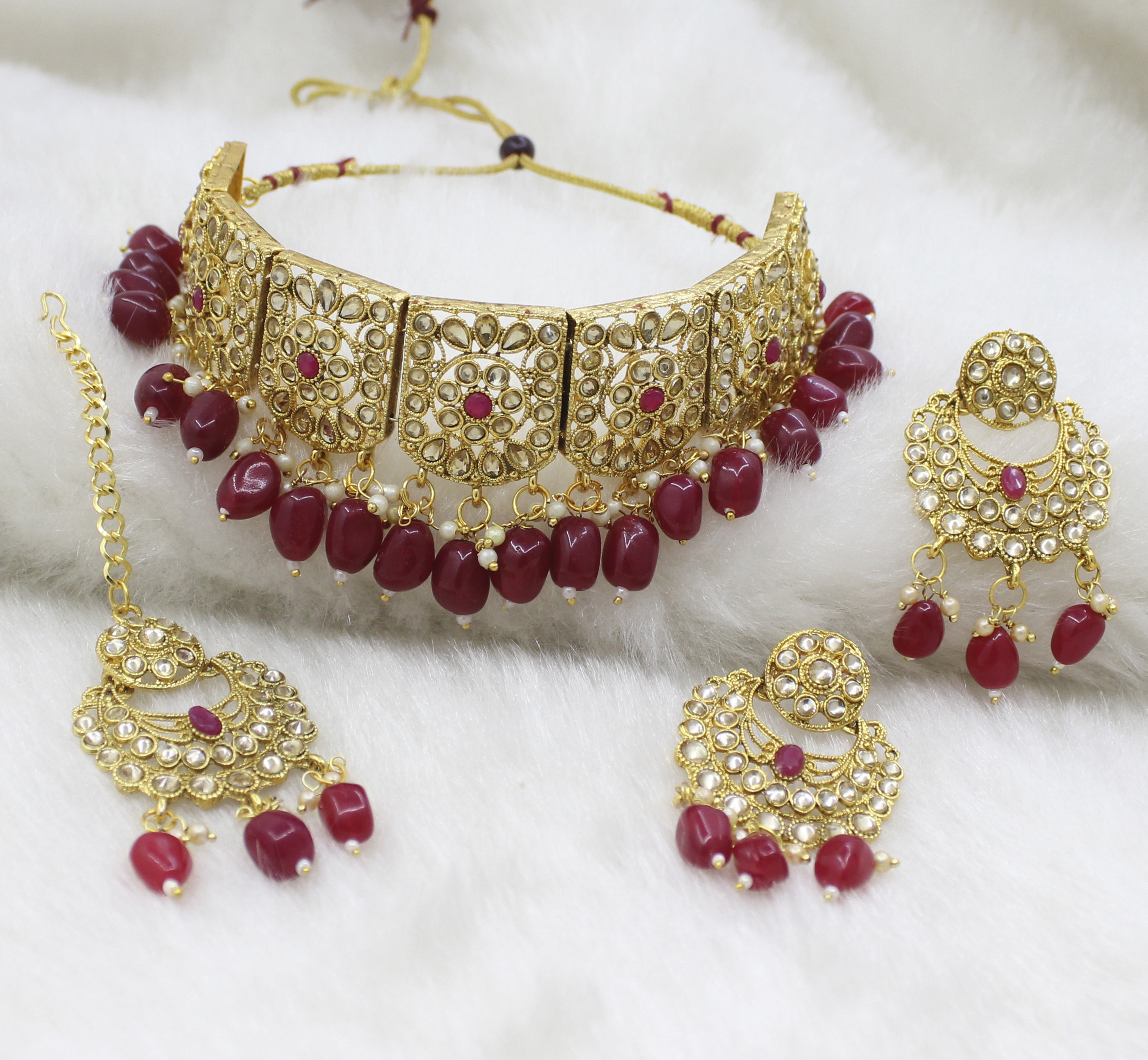 Indian Traditional Kundan Design Red Beads Choker Patti Necklace Set