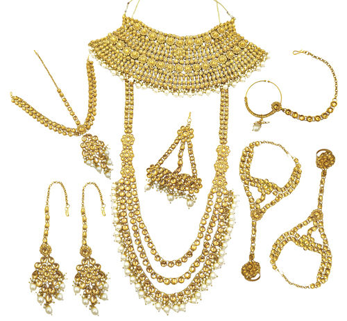 Indian Traditional Gold Plated Kundan Dulhan Bridal Jeweler Set With Choker Earrings Maang Tikka For Women.