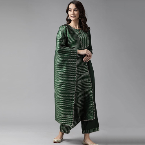 Washable Women Green Kurta Palazzo Set With Dupatta