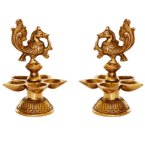 Aakrati Brass Peacock Oil Lamp Pair of Five Wicks for Dacor and Worship Decorative Bird Metal Lamp (Pack of 2)