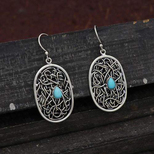 925 Sterling Silver Airzona Turquoise Wire Work Boho Earring
