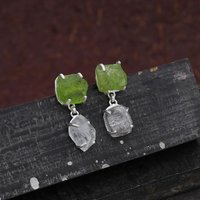925 Sterling Silver Raw Herkimer Diamond And Peridot Earring.