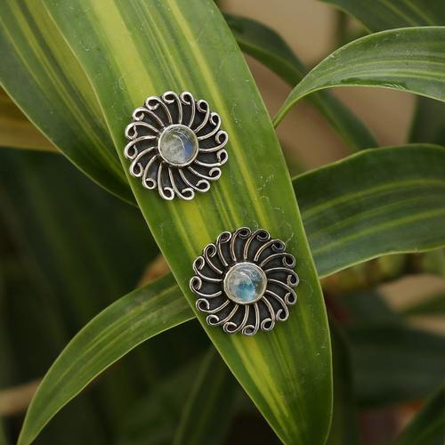 925 Sterling Silver Rainbow Moonstone Sun Tribal Earring