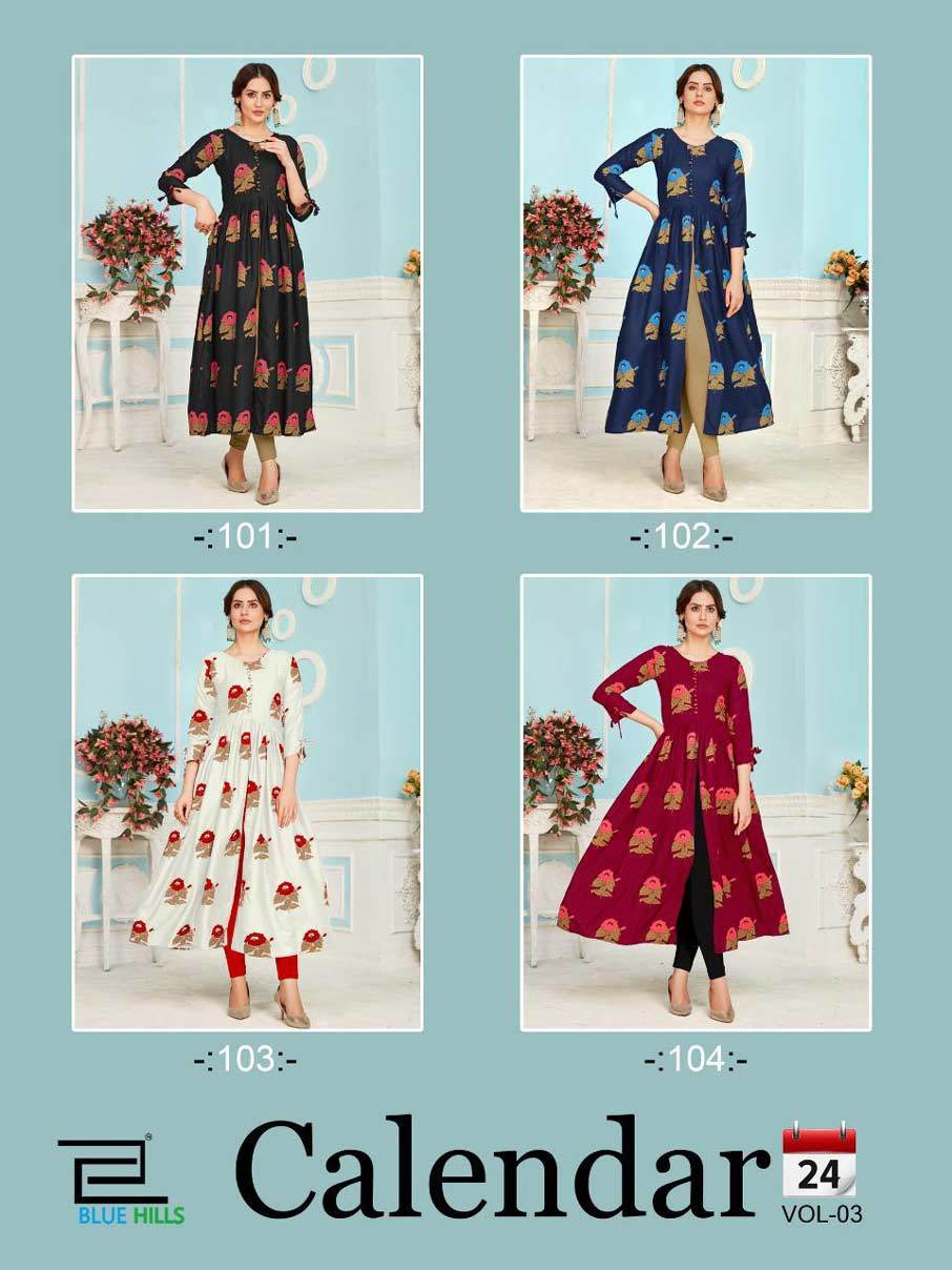 Calendar Vol  3 Rayon Center Cut Printed Kurtis Collection