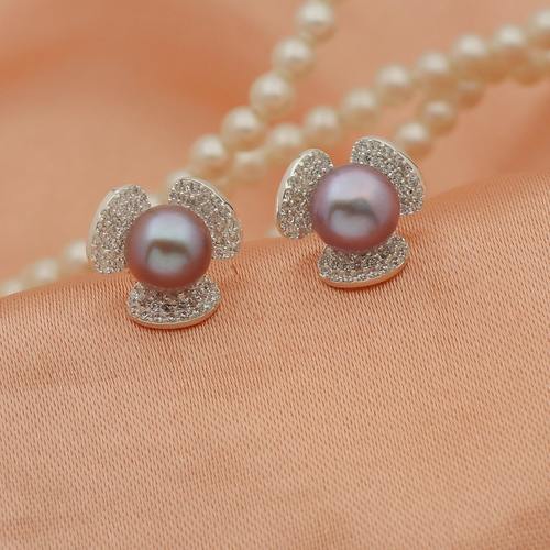 925 Sterling Silver Gray Pearl Flower Tops Earring