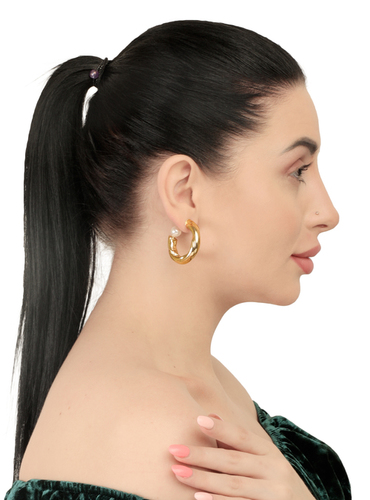 Trendy Gold Plated Holding Pearl Hoop Earrings For Women and Girls