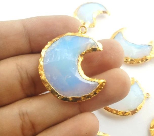 Opalite Gemstone Half Moon Shape Gold Electroplated Pendant - Making for jewelry