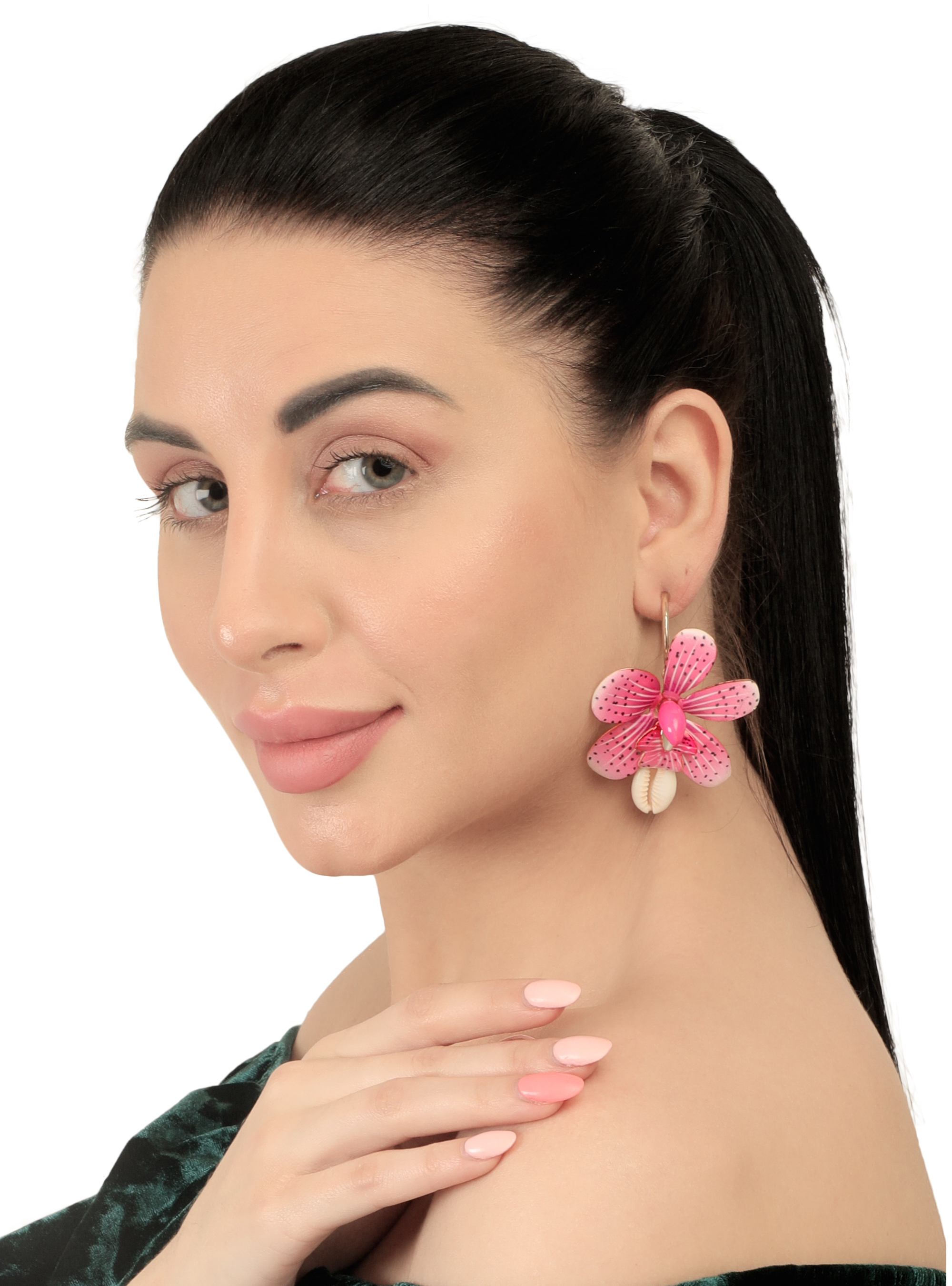 Stylish Gold Pink Flower Drop Earrings For Women