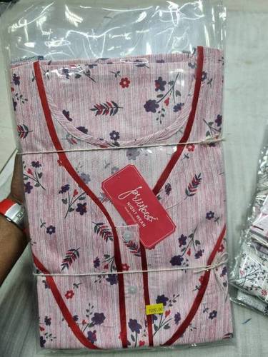 Floral Printed Cotton Night M44 - Full Length V Neck Nightgown, Free Size in Pinkish Off White with Short Sleeves, Perfect for Summer