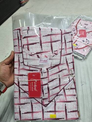 Abstract Cotton Nighty M45 - Cotton, Free Size, Off White, Full Length, V Neck, Short Sleeves, Printed Design | Comfortable Nightgown for Women, Ideal for Summer