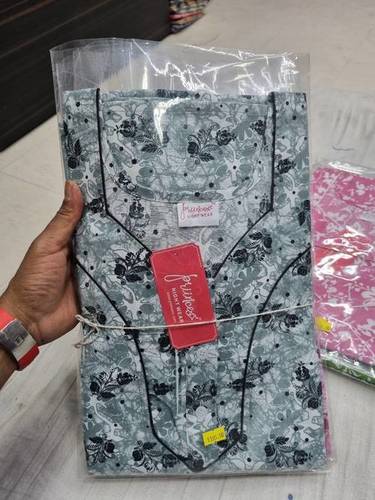 Black Floral Printed Cotton Nighty M49 - Full Length, Free Size, V Neck, Black and White Floral Design, Short Sleeves, Ideal for Rainy and Spring Seasons