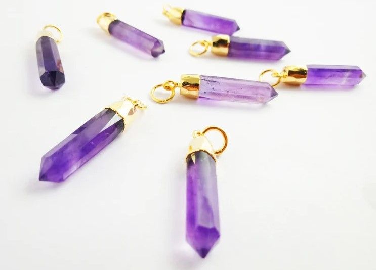 Amethyst Pendant Healing Crystal Point Gemstone Size 25x6mm Necklace Spikes Earrings Gold Electroplated Cap Pendant