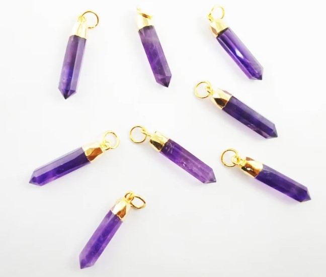 Amethyst Pendant Healing Crystal Point Gemstone Size 25x6mm Necklace Spikes Earrings Gold Electroplated Cap Pendant