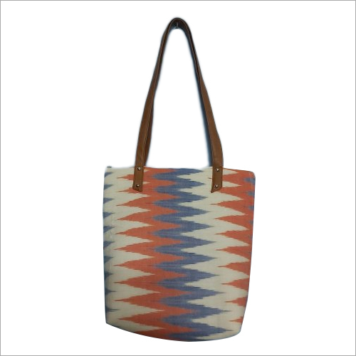 Multicolor Handicraft Cotton Ikkat Shoulder Bag With Leather Handle