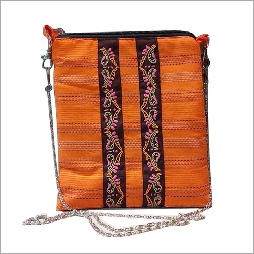 Multicolor Orange Handicraft Silk Sling Bag