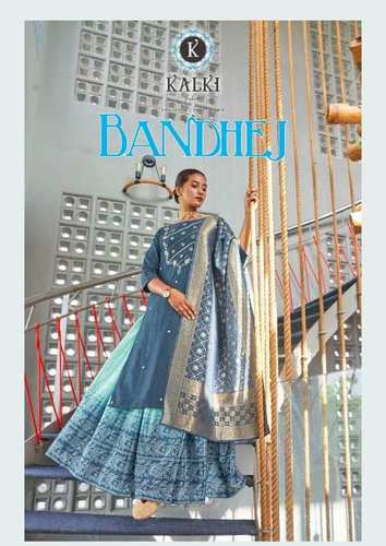 Kalki Bandhej Viscose Silk Kurti With Lehenga Dupatta Set