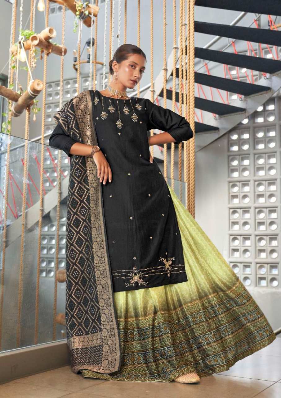 Kalki Bandhej Viscose Silk Kurti With Lehenga Dupatta Set