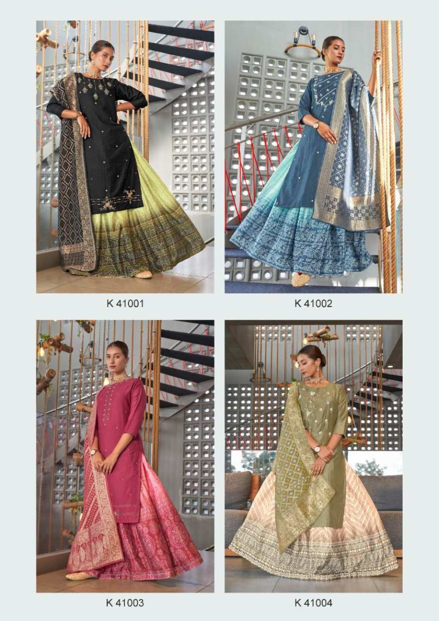 Kalki Bandhej Viscose Silk Kurti With Lehenga Dupatta Set